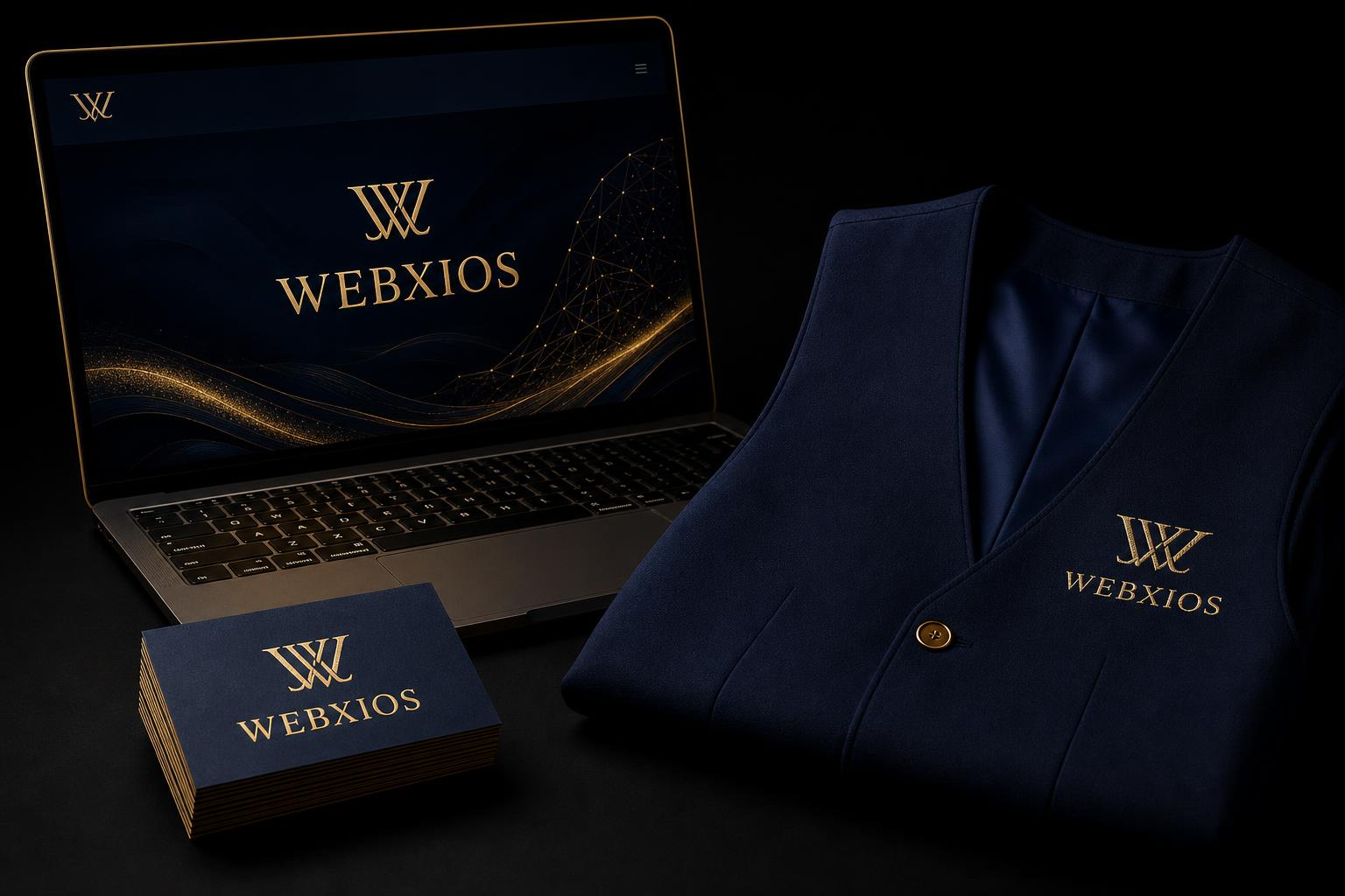 Tarjetas de presentación, chaleco bordado y sitio web con los colores de Webxios